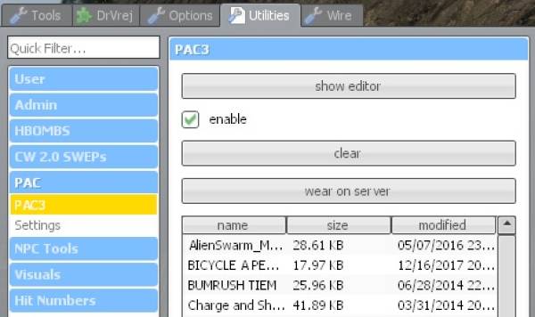 The top part of the spawnmenu's side of PAC3