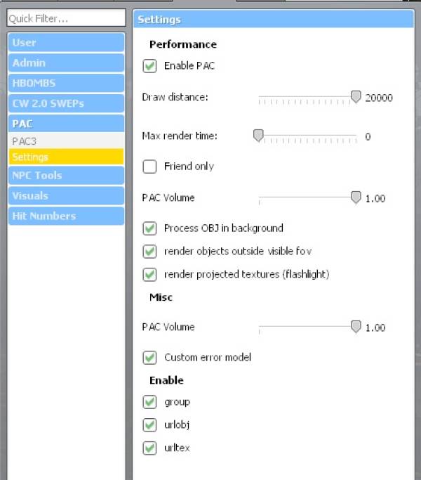 The PAC settings menu
